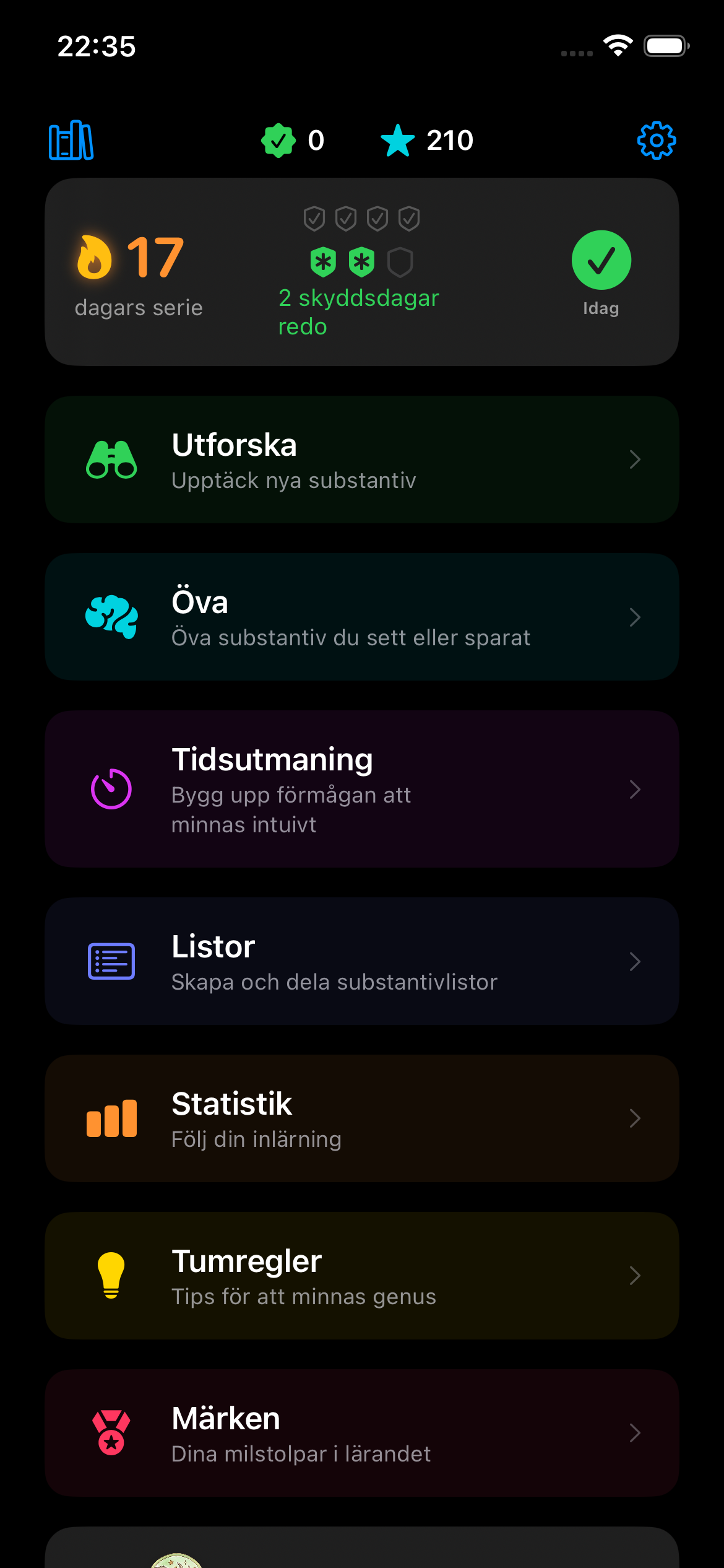 Serieskärm med 51-dagars serie och skyddsdagar