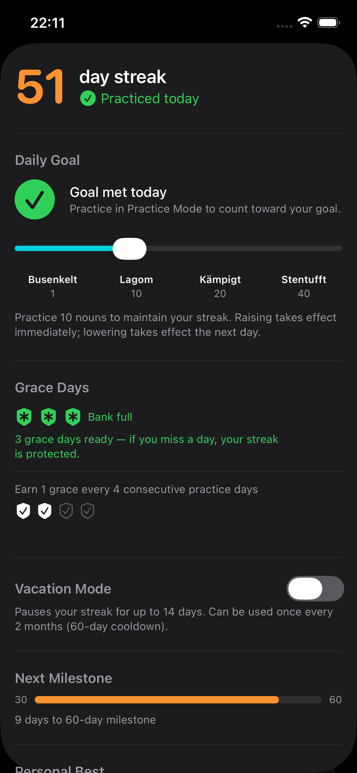 Streak detail sheet with daily goal, grace days, and vacation mode
